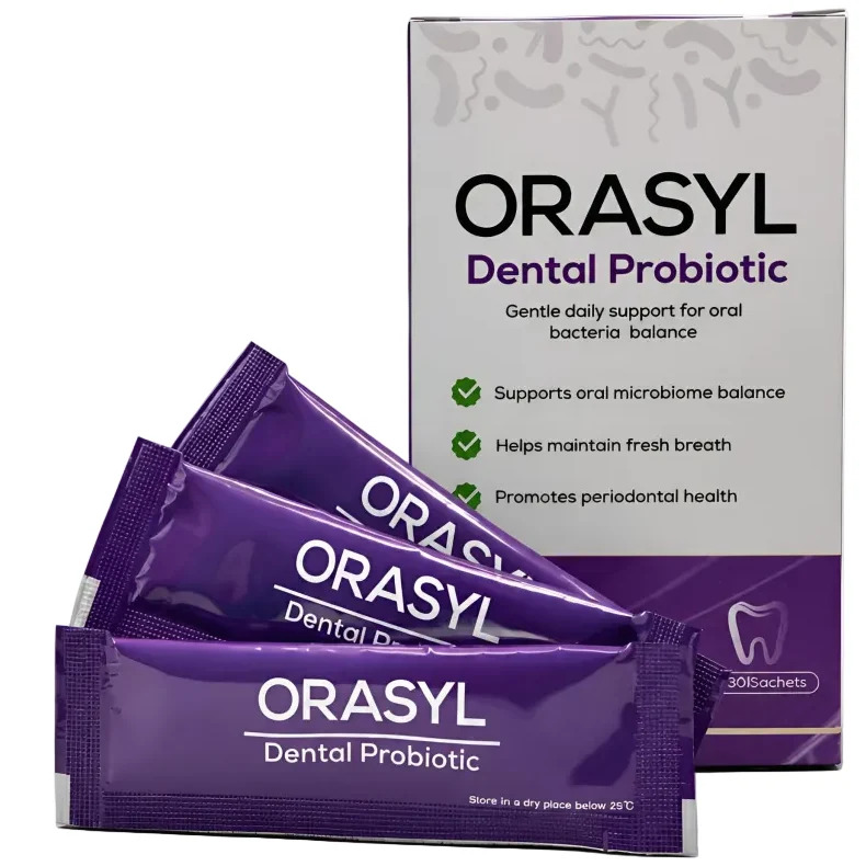 Orasyl Dental Probiotic is a daily oral supplement powered by 3 clinically selected probiotic strains that work together to protect your teeth, gums and breath — naturally and effectively. Say goodbye to recurring cavities, gum sensitivity and bad breath. Orasyl Dental Probiotic is specially formulated to introduce and populate your mouth with beneficial bacteria — giving you a healthier smile not just on the surface, but from within. Unlike traditional oral care products that simply clean or mask it works at the microbiome level — restoring the natural bacterial balance in your mouth to actively fight the root causes of common dental problems. HOW IT WORKS — THE POWER OF 3 PROBIOTIC STRAINS Each sachet contains 3 powerful, carefully selected probiotic strains: Lactobacillus reuteri — Produces natural antimicrobial compounds that target and inhibit Streptococcus mutans, the primary bacteria responsible for tooth decay. Lactobacillus salivarius — Colonises the gum line and oral mucosa, crowding out harmful bacteria before they can cause gum disease or inflammation. Bacillus coagulans — A resilient spore-forming probiotic that survives long enough in the oral environment to deliver consistent, lasting protection and restore microbiome balance. Together, these three strains form a comprehensive defense system for your entire mouth. KEY BENEFITS Fights tooth decay and cavity-causing bacteria Supports healthy gums and reduces inflammation Freshens breath at the source — not just masking it Restores and maintains oral microbiome balance Promotes long-term periodontal health with daily use Contains xylitol for added cavity protection WHO IS IT FOR? Orasyl Dental Probiotic is ideal for anyone who: Experiences recurring cavities or tooth sensitivity Suffers from persistent bad breath Has gum sensitivity or early signs of gum disease Is recovering from antibiotic use that may have disrupted oral flora Wants a proactive, preventive approach to oral health DIRECTIONS FOR USE 1. Take 1 sachet daily after meals 2. Dissolve directly in the mouth or take with water 3. Best taken consistently for 4–8 weeks to experience full benefits INGREDIENTS Lactobacillus salivarius, Lactobacillus reuteri, Bacillus coagulans, Xylitol, Oligofructose, Maltodextrin, Sucralose, Peppermint Flavour, Corn Starch, Silicon Dioxide